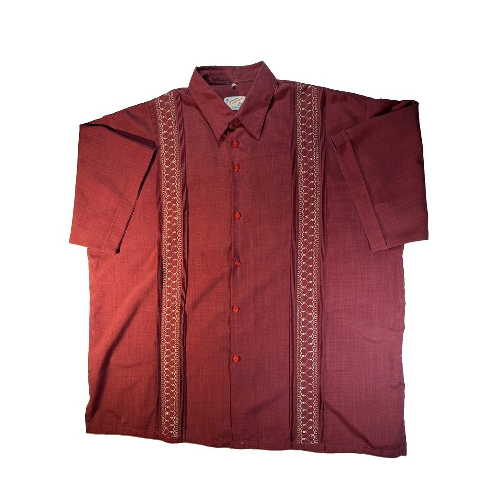 Vintage Guayabera Autentica Shirt Men's XL Burgundy Rayon Linen Yucatan Mexico